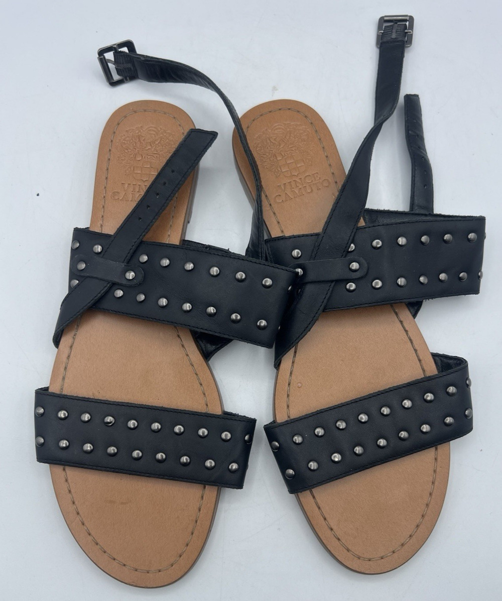 Vince Camuto Black Studded Gladiator Sandals Women’s Ankle Strap Flats 8M